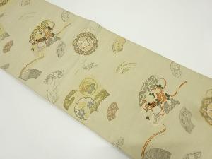 アンティーク　檜扇に鼓・菊・古典柄模様織り出し丸帯(材料)